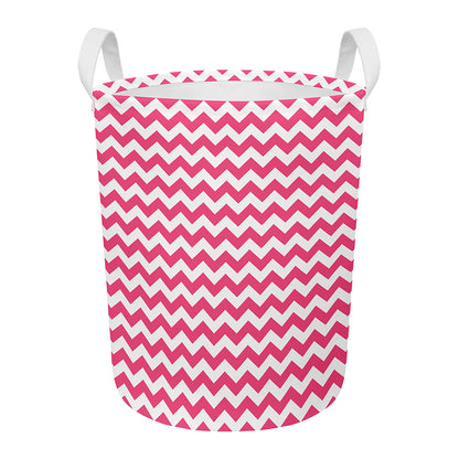 Pink And White Chevron Pattern Print Round Laundry Basket