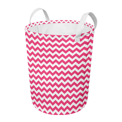 Pink And White Chevron Pattern Print Round Laundry Basket
