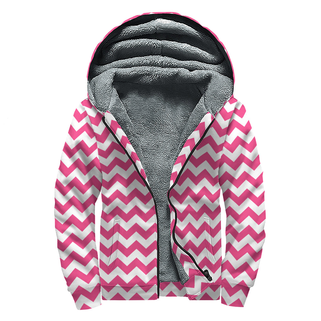 Pink And White Chevron Pattern Print Sherpa Lined Zip Up Hoodie