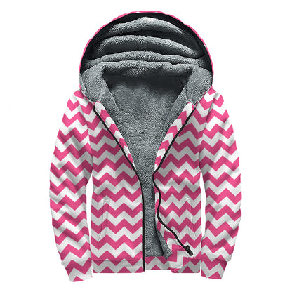Pink And White Chevron Pattern Print Sherpa Lined Zip Up Hoodie