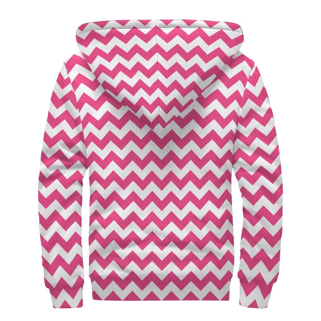 Pink And White Chevron Pattern Print Sherpa Lined Zip Up Hoodie