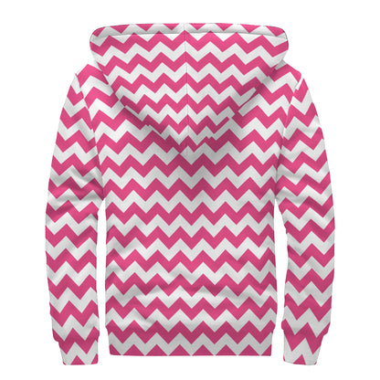 Pink And White Chevron Pattern Print Sherpa Lined Zip Up Hoodie