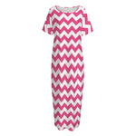 Pink And White Chevron Pattern Print Short Sleeve Long Nightdress
