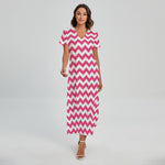 Pink And White Chevron Pattern Print Short Sleeve Maxi Dress