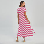Pink And White Chevron Pattern Print Short Sleeve Maxi Dress