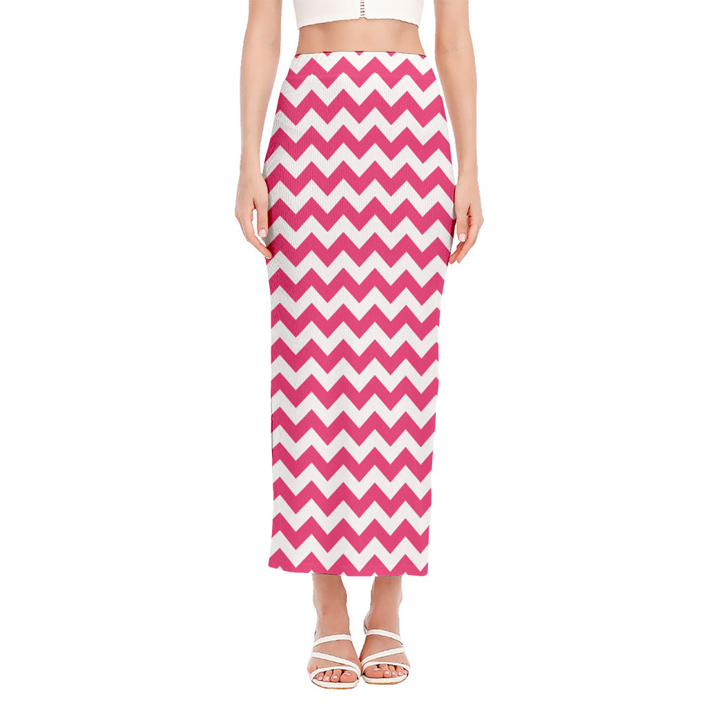 Pink And White Chevron Pattern Print Side Slit Maxi Skirt