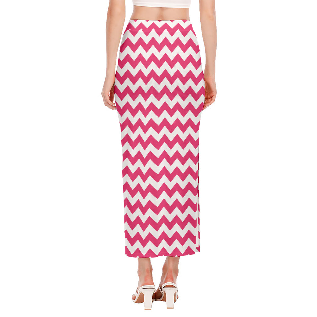 Pink And White Chevron Pattern Print Side Slit Maxi Skirt