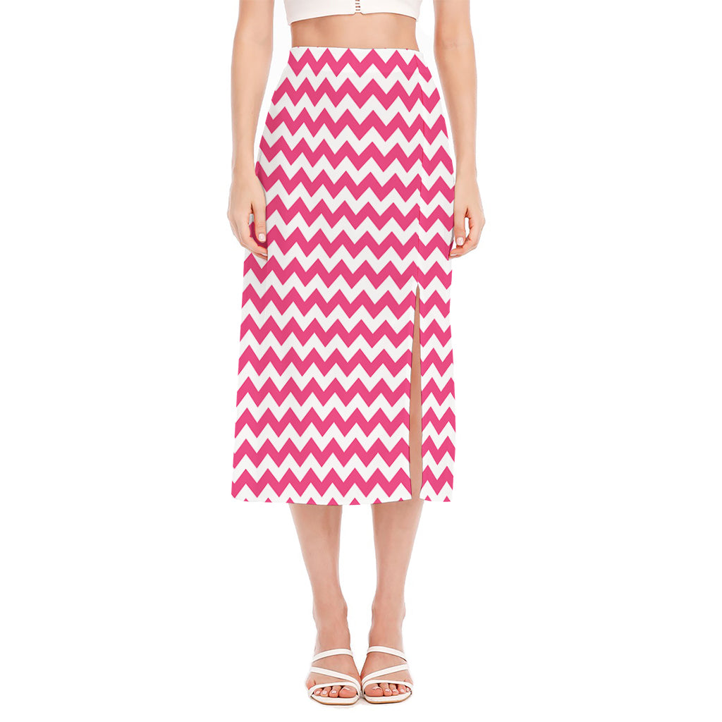 Pink And White Chevron Pattern Print Side Slit Midi Skirt