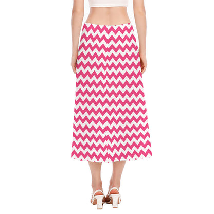 Pink And White Chevron Pattern Print Side Slit Midi Skirt