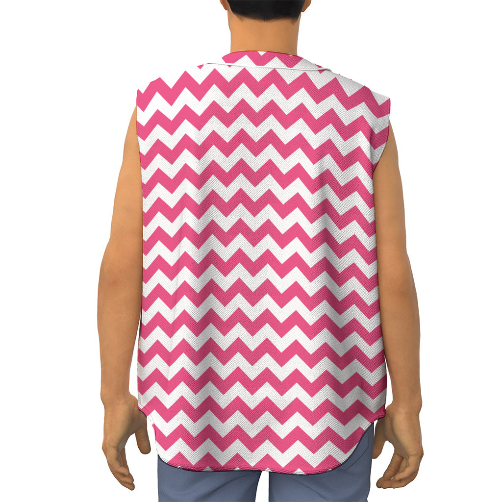 Pink And White Chevron Pattern Print Sleeveless Baseball Jersey