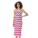 Pink And White Chevron Pattern Print Slim Fit Midi Cami Dress
