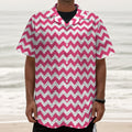 Pink And White Chevron Pattern Print Textured Short Sleeve Shirt