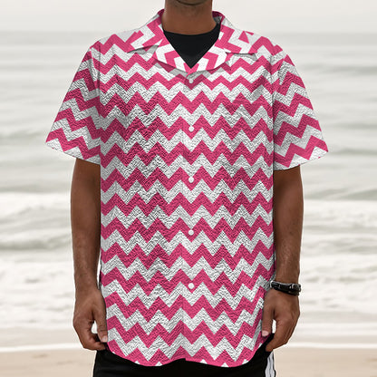 Pink And White Chevron Pattern Print Textured Short Sleeve Shirt