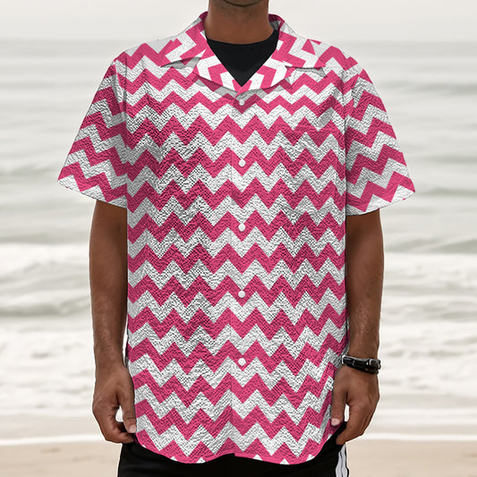 Pink And White Chevron Pattern Print Textured Short Sleeve Shirt