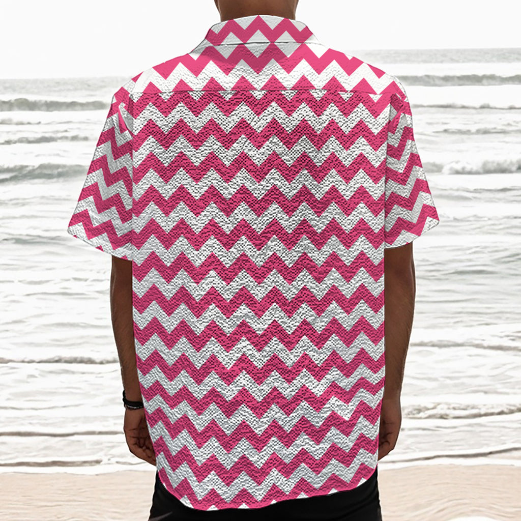 Pink And White Chevron Pattern Print Textured Short Sleeve Shirt