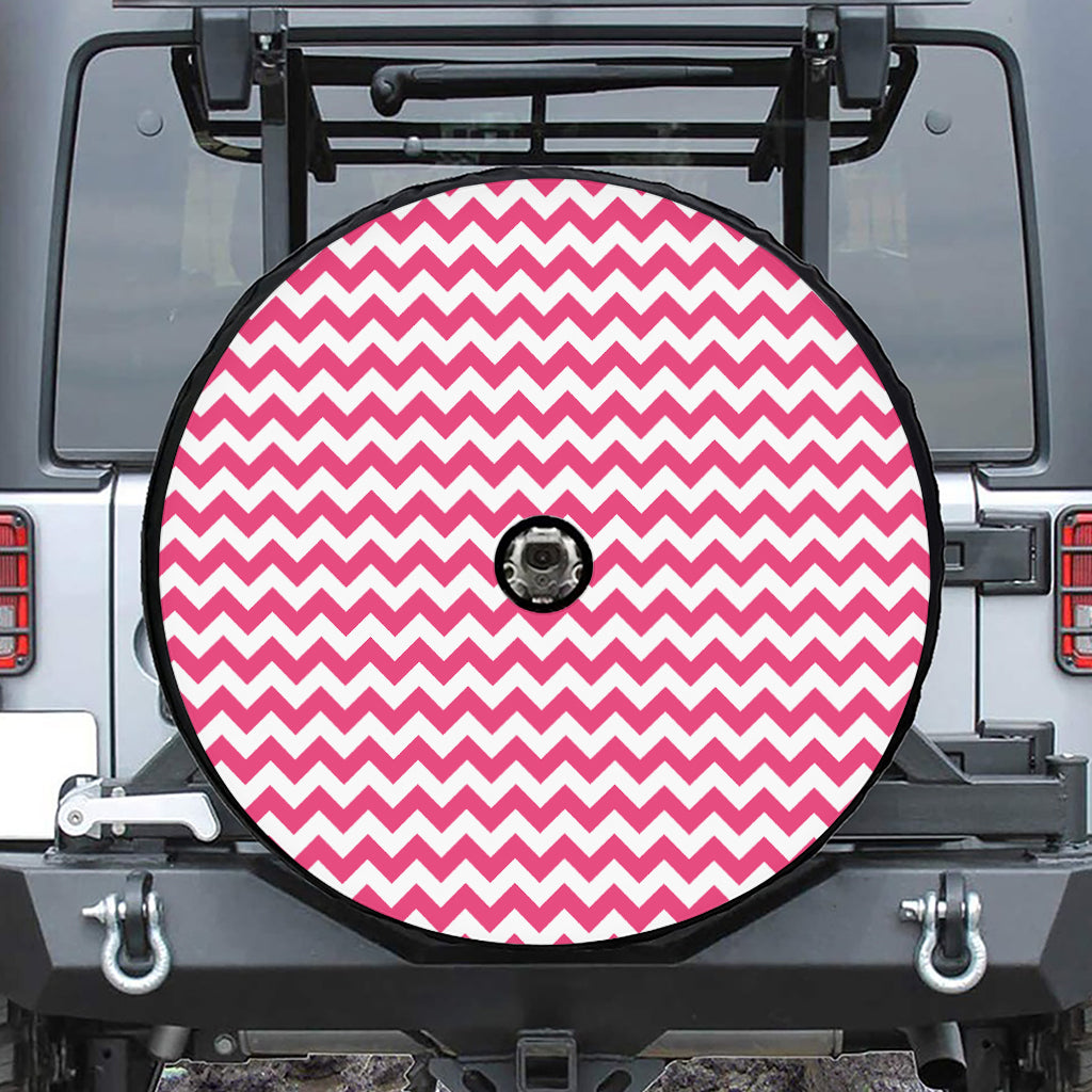 Pink And White Chevron Pattern Print Tire Cover With Camera Hole