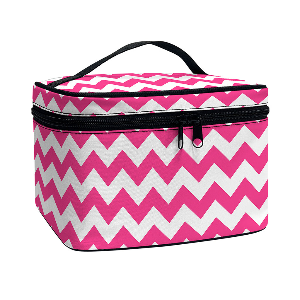 Pink And White Chevron Pattern Print Travel Makeup Bag