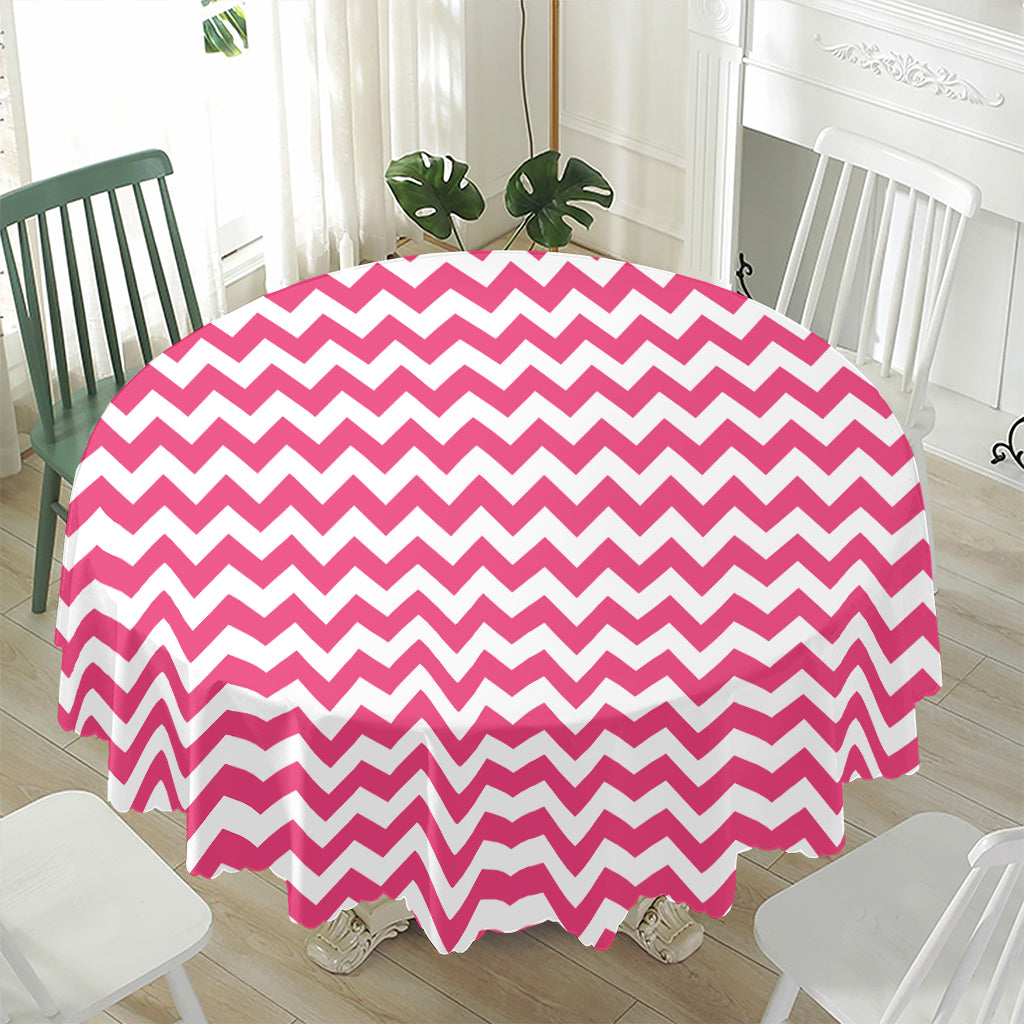 Pink And White Chevron Pattern Print Waterproof Round Tablecloth
