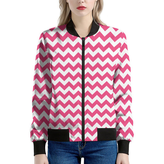 Pink And White Chevron Pattern Print Women's Bomber Jacket