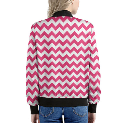 Pink And White Chevron Pattern Print Women's Bomber Jacket