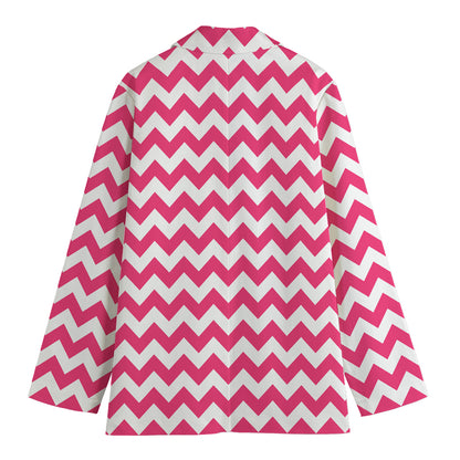 Pink And White Chevron Pattern Print Women's Cotton Blazer