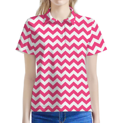 Pink And White Chevron Pattern Print Women's Polo Shirt