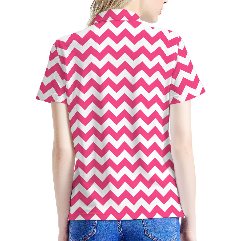 Pink And White Chevron Pattern Print Women's Polo Shirt