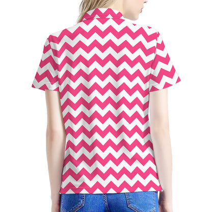 Pink And White Chevron Pattern Print Women's Polo Shirt