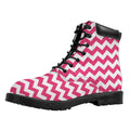 Pink And White Chevron Pattern Print Padded Collar Lace Up Boots