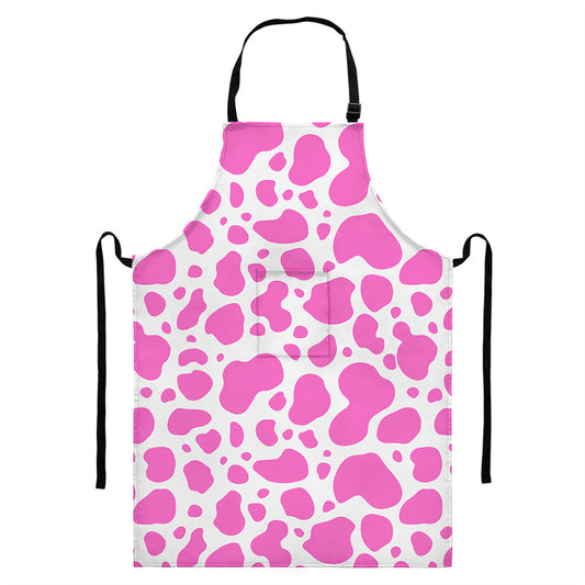 Pink And White Cow Print Bib Apron With Pocket