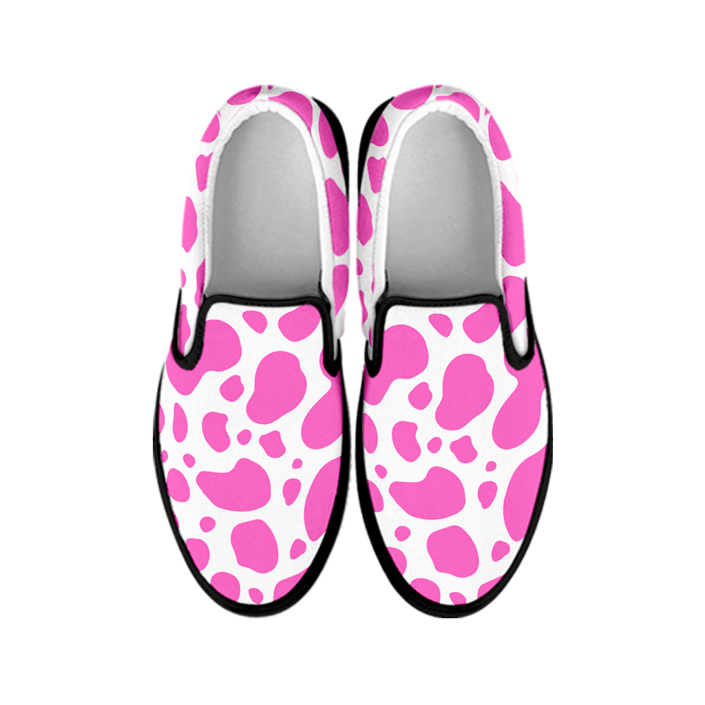 Pink And White Cow Print Black Slip On Sneakers