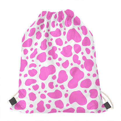Pink And White Cow Print Drawstring Bag