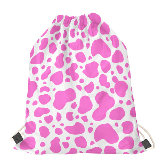 Pink And White Cow Print Drawstring Bag