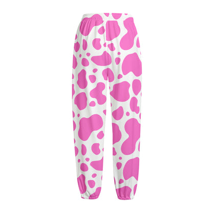 Pink And White Cow Print Fleece Lined Knit Pants