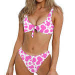 Pink And White Cow Print Front Bow Tie Bikini
