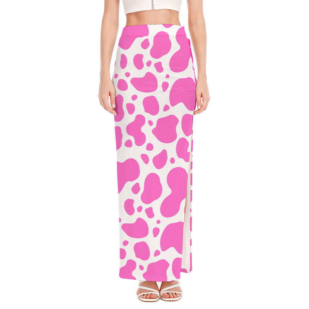 Pink And White Cow Print High Slit Maxi Skirt