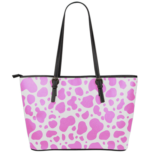 Pink And White Cow Print Leather Tote Bag