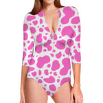 Pink And White Cow Print Long Sleeve Swimsuit