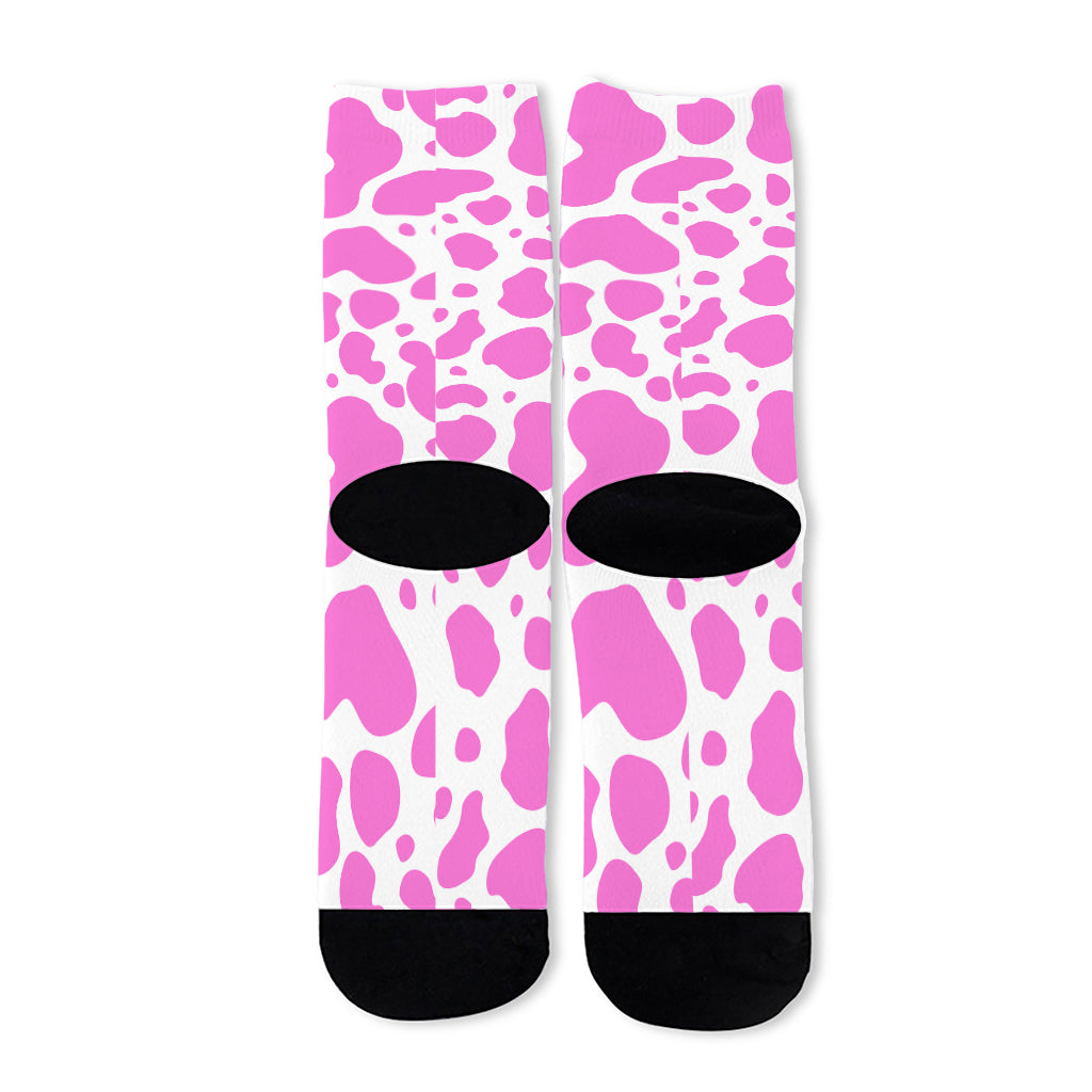 Pink And White Cow Print Long Socks