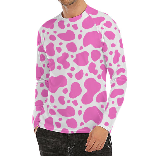 Pink And White Cow Print Men's Long Sleeve Rash Guard