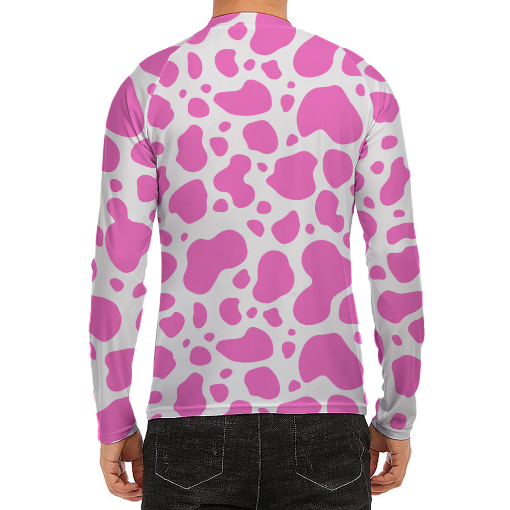 Pink And White Cow Print Men's Long Sleeve Rash Guard
