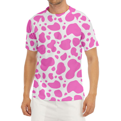 Pink And White Cow Print Men's Short Sleeve Rash Guard
