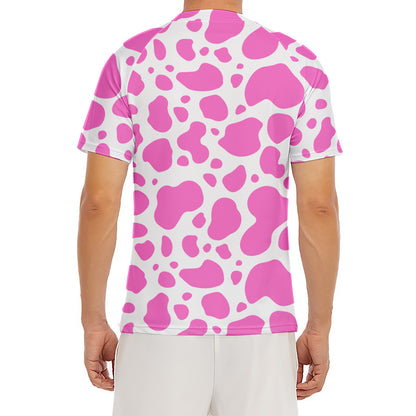 Pink And White Cow Print Men's Short Sleeve Rash Guard