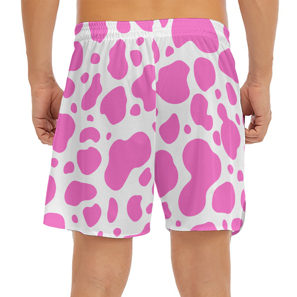 Pink And White Cow Print Men's Split Running Shorts