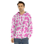Pink And White Cow Print Men's Velvet Pullover Hoodie