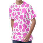 Pink And White Cow Print Men's Velvet T-Shirt
