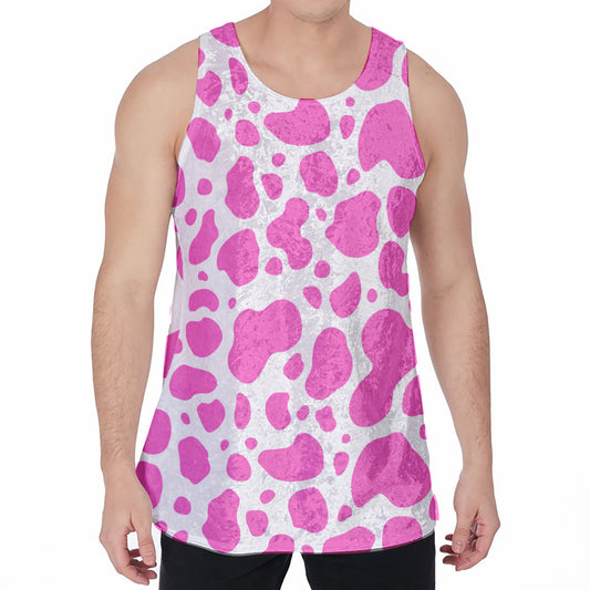 Pink And White Cow Print Men's Velvet Tank Top