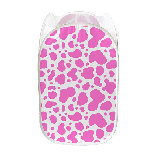 Pink And White Cow Print Mesh Laundry Hamper