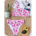 Pink And White Cow Print One Shoulder Bikini Top