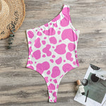 Pink And White Cow Print One Shoulder Bodysuit